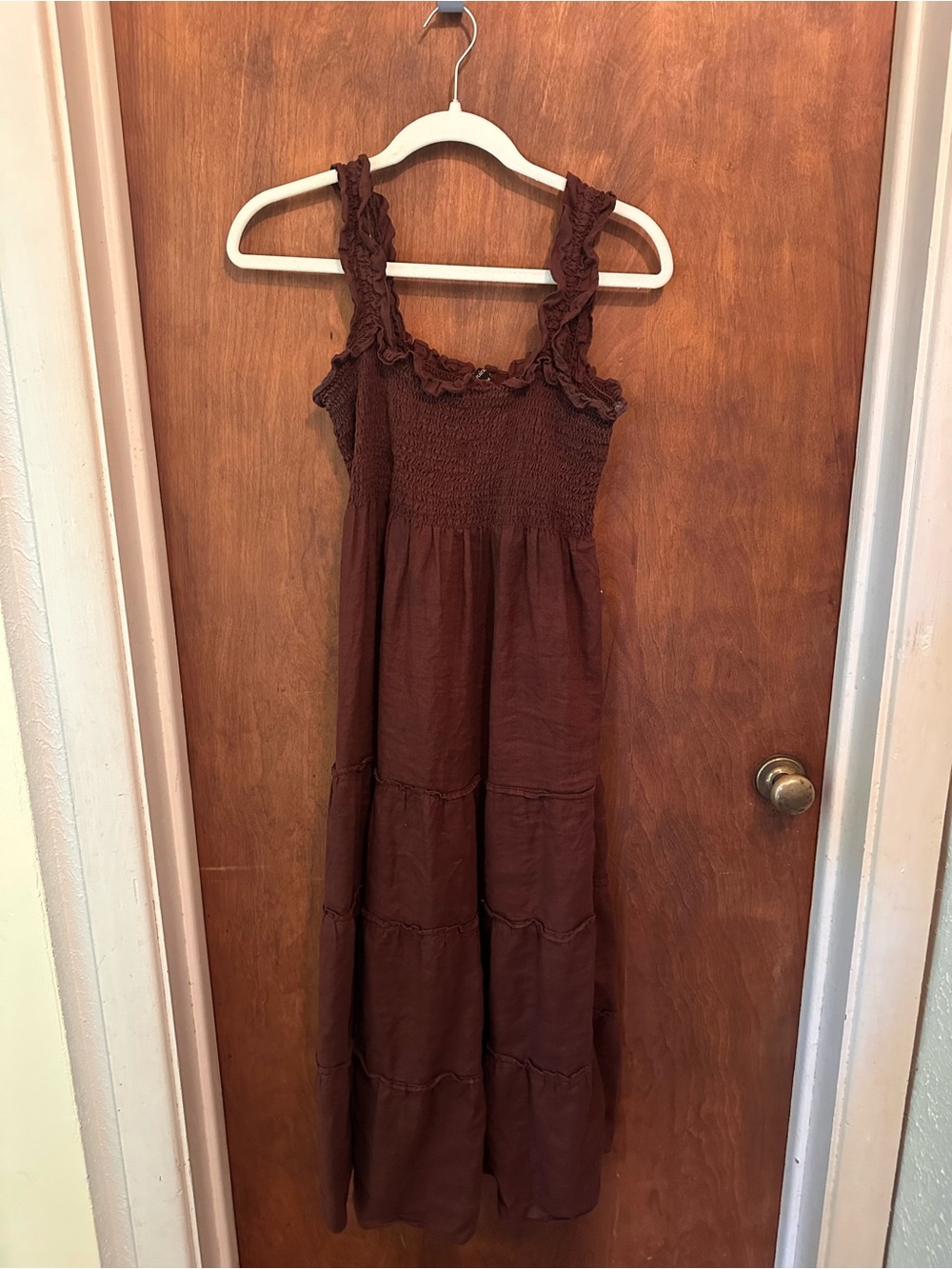 Quince Brown Ruffled Linen Dress